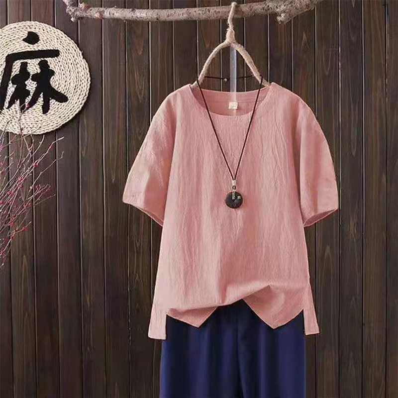 大码短袖t恤衫女装t桖棉麻打底衫