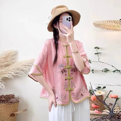 棉麻衬衫女夏季刺绣盘扣七分袖