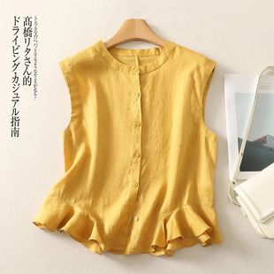 文艺下摆荷叶花边衬衫 背心上衣薄复古 女夏季 休闲甜美风超好看无袖