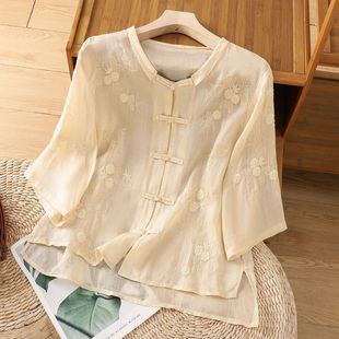 新中式 汉服盘扣上衣茶服 国风重工古风棉麻刺绣T恤打底衫 女春夏季