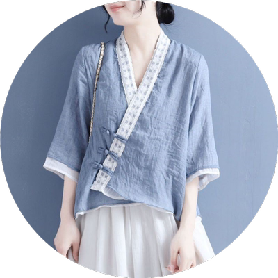 V领七分袖衬衫女夏季上衣假两件