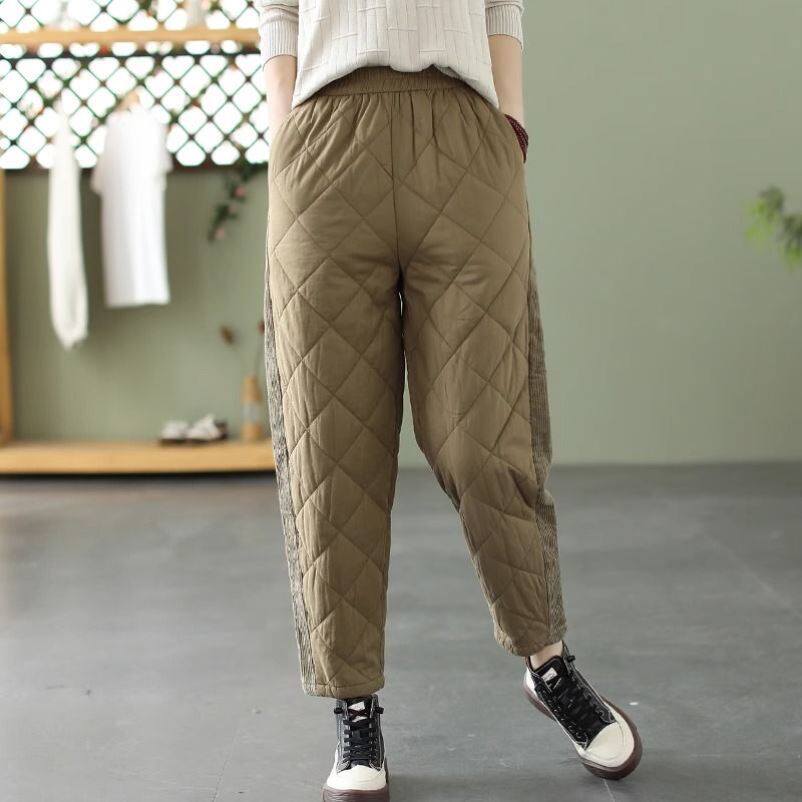 纯色灯芯绒拼接格子羽绒棉裤子女松紧腰显瘦格纹加厚棉裤保暖长裤,女装/女士精品,棉裤/羽绒裤,淘宝优惠券,粉丝福利购,淘宝优惠卷