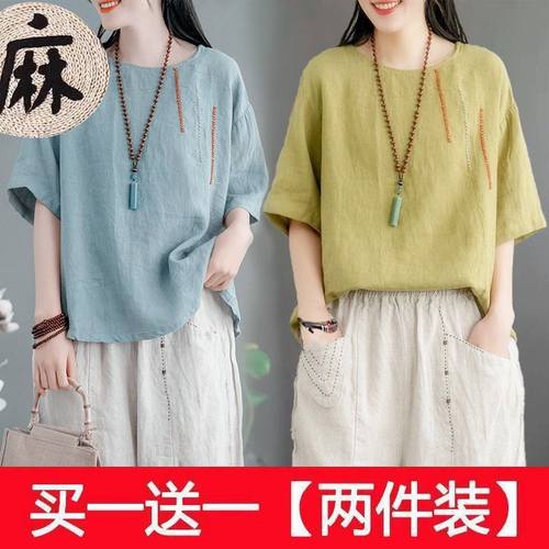 棉麻刺绣圆领t恤女2025夏季短袖