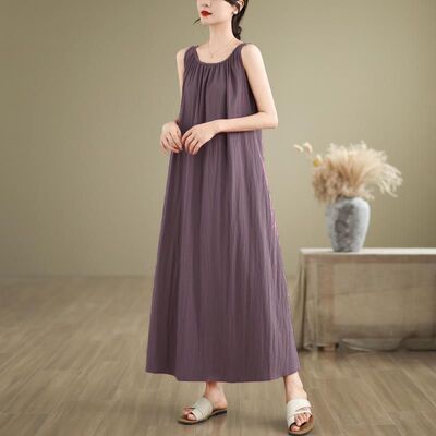 棉麻连衣裙女夏季褶皱无袖中长裙