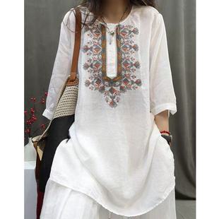 休闲文艺套头上衣 宽松棉麻洋气衬衫 重工复古刺绣衬衣女夏季 中长款