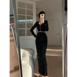 连衣裙 气质深V领长袖 XULU原创新款 丝绒亮片烫金包臀裙高腰修身