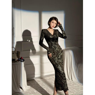 XULU原创轻奢闪片针织修身 连衣裙 包臀裙气质名媛高阶优雅V领长袖