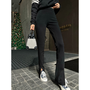 直筒裤 XULU原创秋冬定制黑色百搭高弹显瘦休闲长裤 侧开叉修身