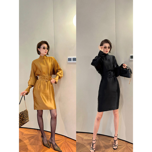 XULU原创鎏光缎面醋酸轻奢显瘦松弛感连衣裙配腰带气质收腰茧型裙