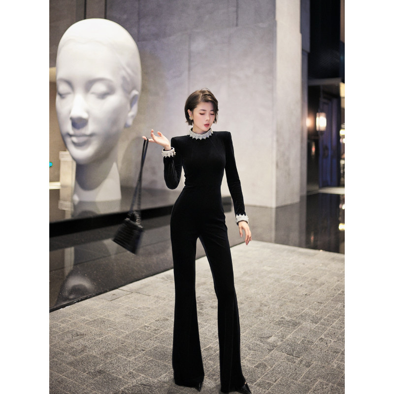 XULU原创新款进口黑色丝绒重工珍珠编条修身高腰气质半高领连体裤,女装/女士精品,连体衣/裤,淘宝优惠券,粉丝福利购,淘宝优惠卷