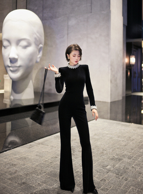 XULU原创新款进口黑色丝绒重工珍珠编条修身高腰气质半高领连体裤