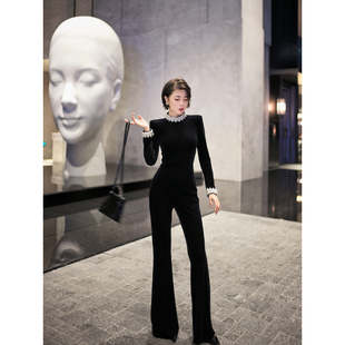 XULU原创秋冬进口黑色丝绒重工珍珠编条修身 高腰气质半高领连体裤