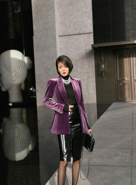 XULU原创紫色丝绒轻奢气质优雅通勤时尚感百搭修身枪驳领西装外套