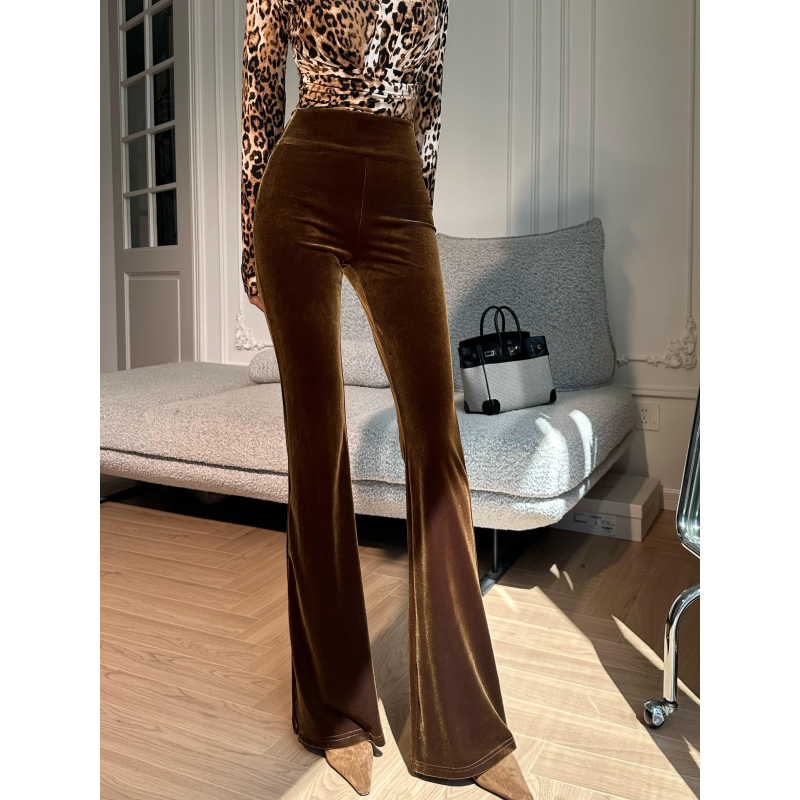 XULU原创秋冬简约气质金棕色丝绒长裤修身显瘦显腿长百搭喇叭裤