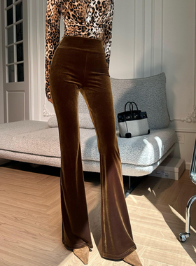 XULU原创秋冬简约气质金棕色丝绒长裤修身显瘦显腿长百搭喇叭裤