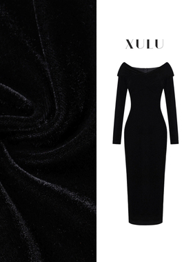 XULU原创秋冬欧洲进口黑色丝绒包臀裙气质露肩显瘦V领长袖连衣裙