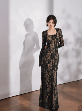 XULU原创新款黑色蕾丝百搭性感微透包臀裙气质修身圆领长袖连衣裙