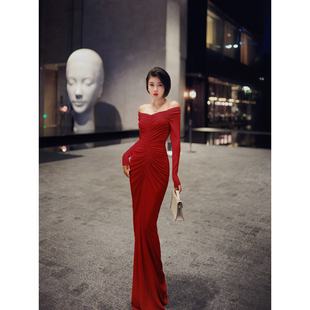 连衣裙 一字肩长款 XULU原创纯色水晶麻法式 气质高级感优雅抽褶长袖