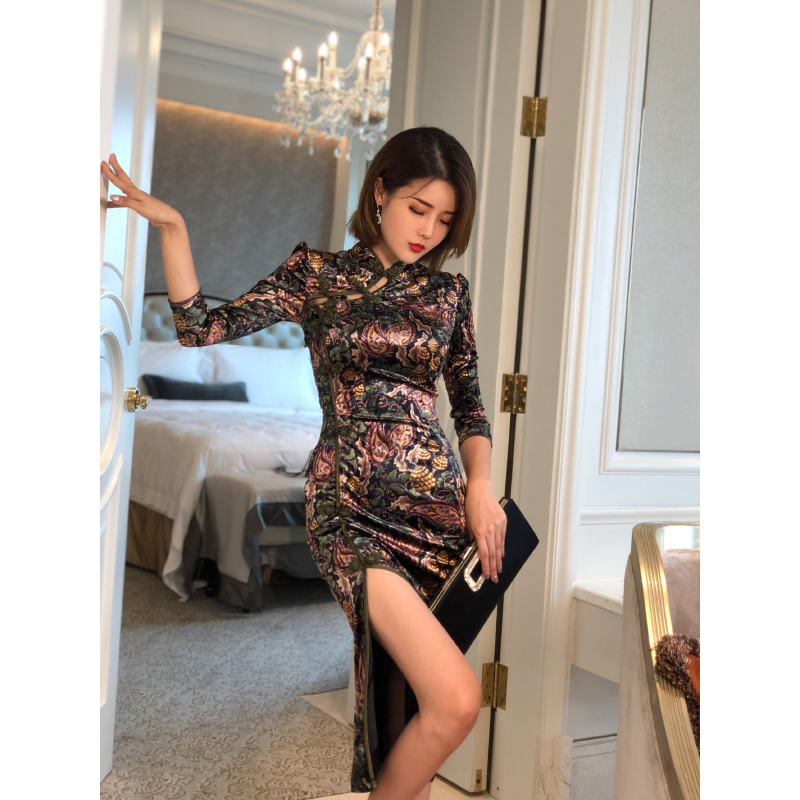 XULU原创设计 流行新款高端提花旗袍改良版连衣裙复古开叉性感裙