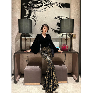 XULU原创秋季 鱼尾半身裙 欧洲进口丝绒性感包臀裙豹纹提花高腰修身