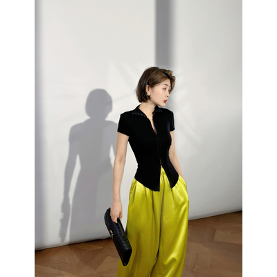 XULU原创轻薄纯色爽肤棉勾扣短袖T恤衬衫简约性感修身收腰上衣