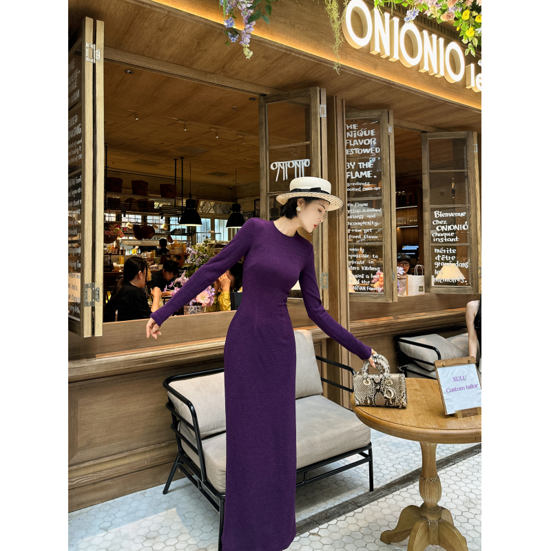 XULU原创新款紫色醋酸提花亮丝包臀裙优雅矜贵修身长袖圆领连衣裙