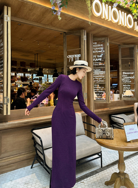 XULU原创新款紫色醋酸提花亮丝包臀裙优雅矜贵修身长袖圆领连衣裙