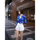 新款 水晶麻纱印花打底衫 气质修身 XULU原创春季 长袖 V领连体上衣