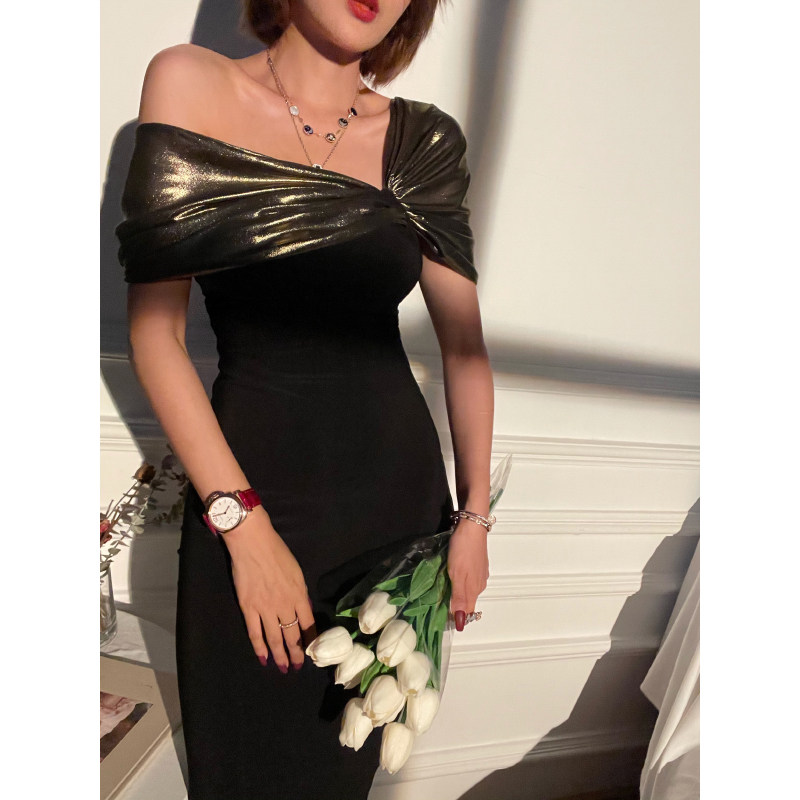 XULU原创流行高定版双色烫金针织裙夏季性感女人味一字肩连衣裙