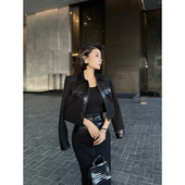 XULU原创植物蛋白皮压鳄鱼纹短款 外套高腰包臀开衩半身裙两件套装