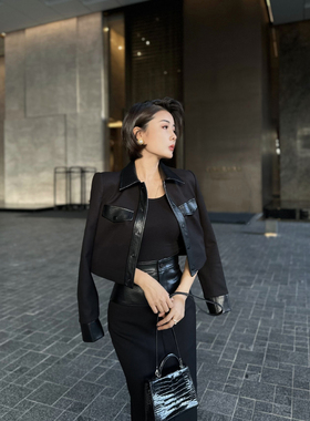 XULU原创植物蛋白皮压鳄鱼纹短款外套高腰包臀开衩半身裙两件套装