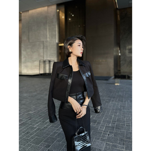 XULU原创植物蛋白皮压鳄鱼纹短款 外套高腰包臀开衩半身裙两件套装