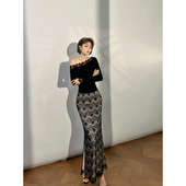 XULU原创法式 气质镂空蕾丝花边包臀裙黑色百搭优雅鱼尾半身长裙