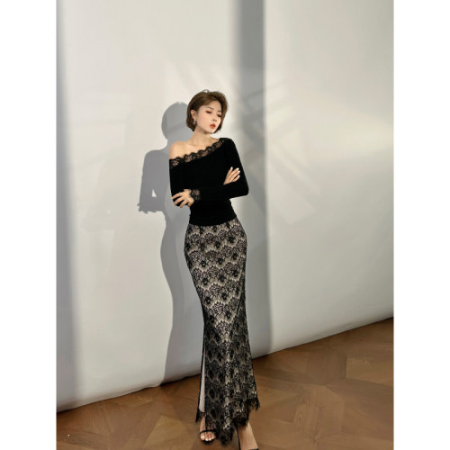 XULU原创法式气质镂空蕾丝花边包臀裙黑色百搭优雅鱼尾半身长裙