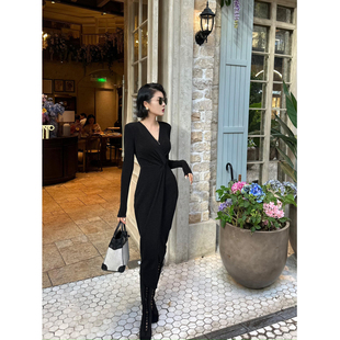 XULU原创初秋醋酸亮丝弹力纯色高弹提花扭结褶皱性感收腰连衣裙