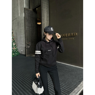 XULU原创气质黑白撞色条纹连帽刺绣上衣休闲百搭运动加绒卫衣