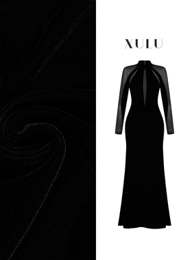 XULU原创轻奢黑色丝绒拼透视网性感V领长袖高腰修身显瘦连衣裙