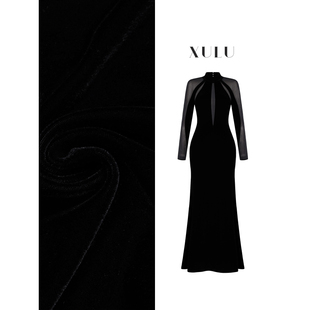 XULU原创轻奢黑色丝绒拼透视网性感V领长袖 显瘦连衣裙 高腰修身