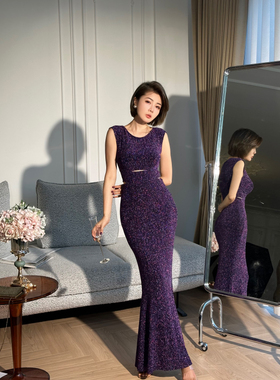 XULU原创夏季紫色针织亮丝弹力包臀鱼尾裙性感镂空圆领无袖连衣裙