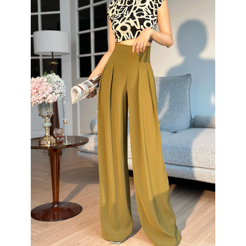 XULU原创春夏棕绿高弹丝宽松百搭长裤高腰鱼骨收腰显瘦褶皱阔腿裤