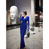 XULU原创水晶麻重工订钻包臀裙性感优雅长袖 修身 开叉扭结连衣裙