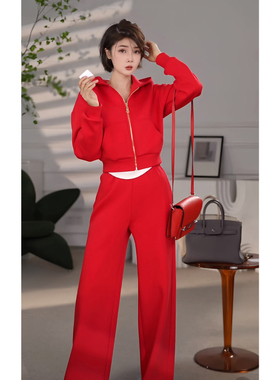 XULU原创纯色休闲高腰加绒拉链开衫连帽卫衣立体剪裁宽松直筒长裤