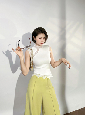 XULU原创进口清氧棉气质白色蕾丝拼接无袖背心小众百搭显瘦上衣