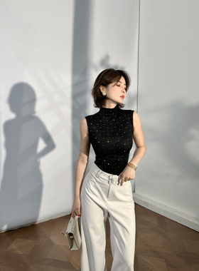 XULU原创进口网格植绒点金微透性感针织高领打底衫黑色无袖短上衣