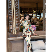 中式 盘扣高开叉修身 旗袍连衣裙 提花织锦典雅风情长袖 XULU原创秋季