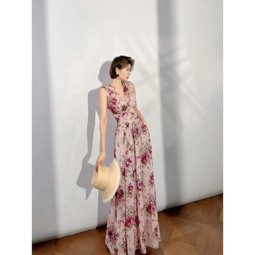 XULU原创夏季新款天宫丝印花优雅高腰长裙气质修身无袖V领连衣裙