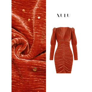 连衣裙 褶皱羊腿袖 XULU原创时尚 闪片压皱肌理丝绒包臀裙气质修身