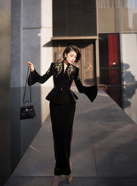 XULU原创气质丝绒优雅修身外套黑色性感高级包臀半身裙两件套装