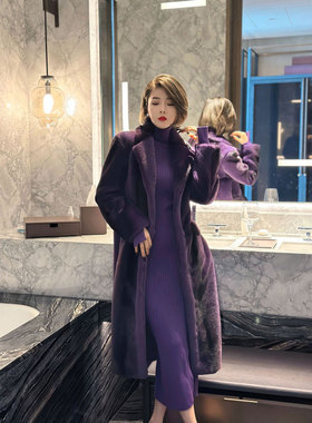 XULU原创紫色环保水貂毛气质优雅轻奢宽松保暖翻驳领毛大衣外套