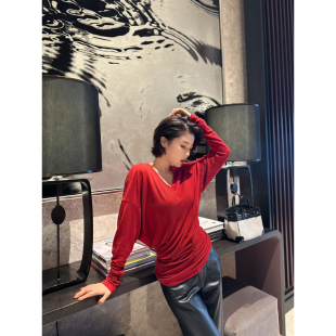 XULU轻薄透气澳洲天丝羊毛V领蝙蝠长袖 上衣纯色显瘦针织打底衫